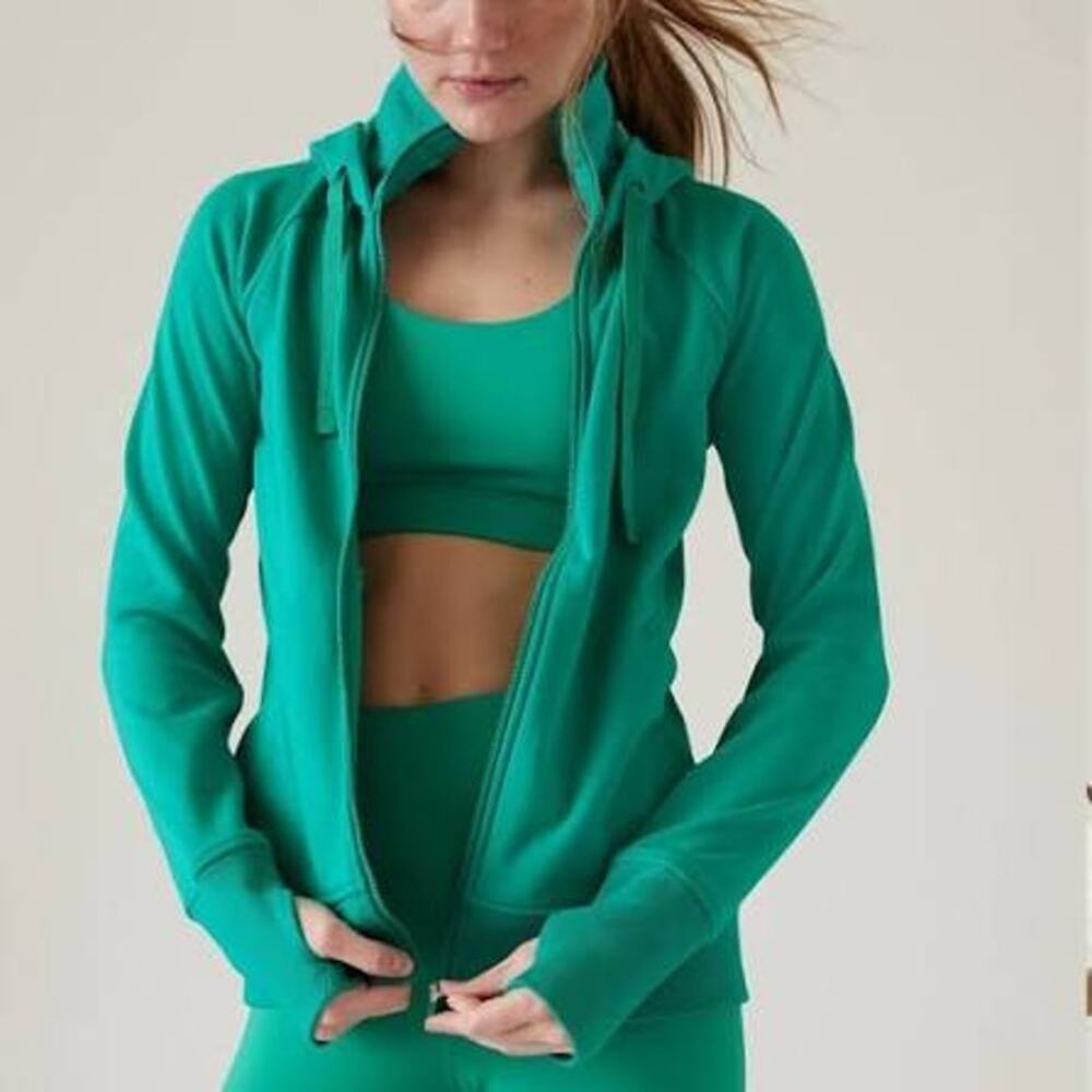 Athleta Triumph Hoodie Full Zip Sweatshirt Fleece Cozy Green Womens Large
